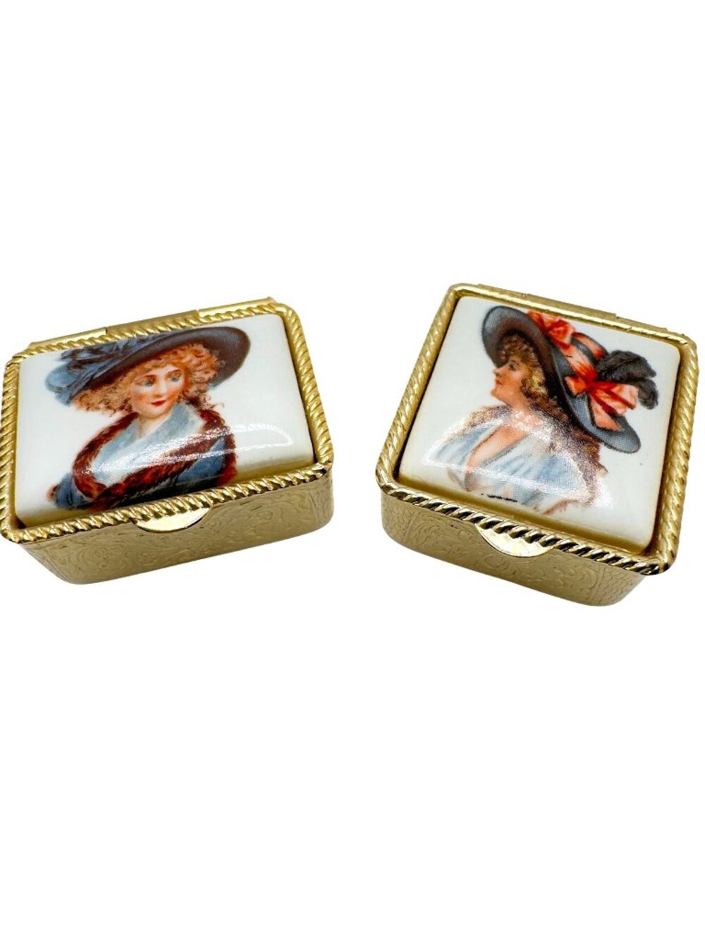 Vtg Italy Gilt Metal Pill Box 2 Pc Porcelain Portrait Top Trinket MCM Florentine